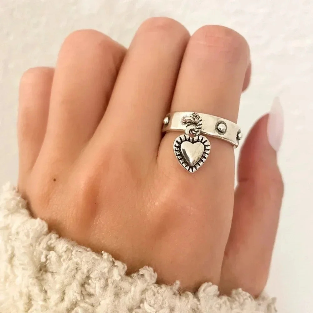 925 Sterling Silver Dangle Heart Ring Heart Charm Ring Minimalist Dainty Ring